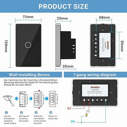2nd Generation WiFi RF433 Smart Touch Wall Single Fire Smart Light Switch,No Neutral Wire Needed Compatible with Smart Life/Tuya App, Compatible with Alexa and Google Home (Black 1 Gang)