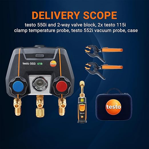Testo 550i AC Manifold Gauge Set – Manifold Gauges & Refrigeration – Incl. 1x 552i Micron Gauge & 2x 115i Pipe Clamp For Air Conditioning, Refrigeration Systems & Heat Pumps – Bluetooth – App Operated
