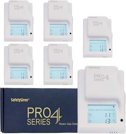 Safety Siren Pro4 Radon Gas Detector - Commercial & Multi-Unit Indoor Radon Monitoring System for Offices, Properties, and Large Buildings with Digital Display and Alarm Function - Pack of 6