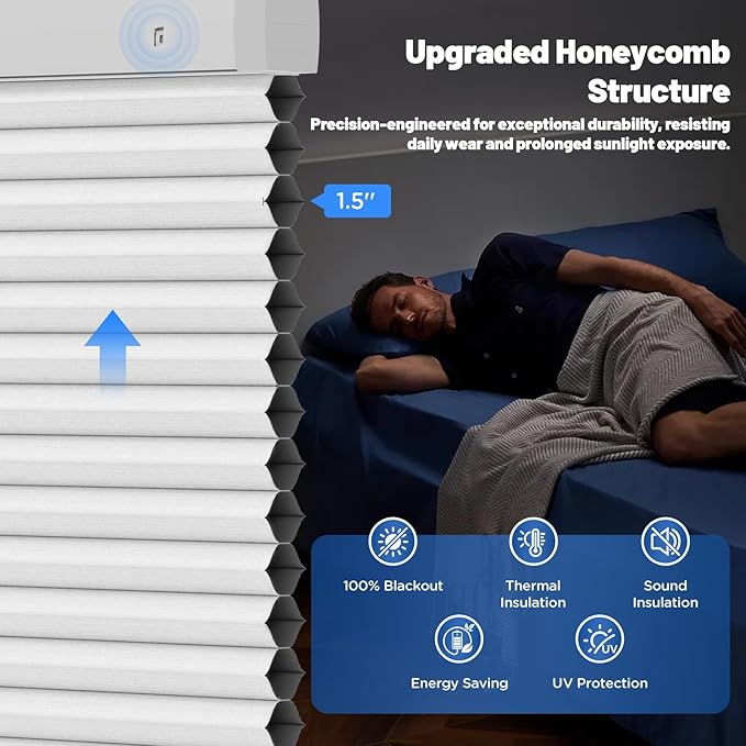 Motorized Cellular Shades with Remote, Smart Cellular Shades Compatible with Apple HomeKit, Alexa & Google Home, Cordless Honeycomb Window Blinds for Indoor Windows, Blackout Crisp White