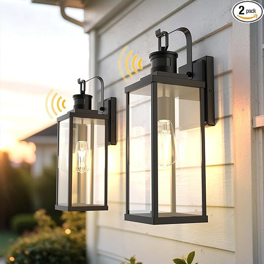 L LOHAS LED Large Size Motion Sensor Outdoor Wall Lights, 18 Inch Black Waterproof Anti-Rust Outdoor Light Fixtures Wall Mount with Clear Glass Shade for Porch, Garage, ETL Listed, 2 Pack