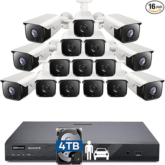 ONWOTE 16 Channel 4K PoE Security Camera System, 16CH 12MP Commercial NVR 4TB, 16x 8MP 134° Outdoor IP Cameras with Audio, AI Detect Human Vehicle, 16x Cables (Total 1280ft), Wired CCTV for Businesses