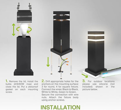 ASD 24" Square Bollard Light Fixture, Outdoor Pathway Floor Lamp | Antiglare, Waterproof, ETL Listed | 60W E26 Bulb Socket 120V | Landscape Hardwired Lighting, Exterior Post Lantern | Black, 4 Pack