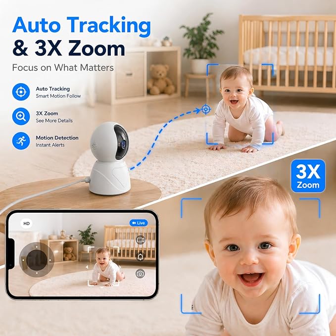 Baby Monitor with Camera and Audio, Smart Motion Tracking & 3X Zoom, Indoor Camera, Color Night Vision, 5G/2.4G WiFi, Two-Way Audio, 3MP 355° Pan Tilt, Pet Camera, SD/Cloud, 2 Pack
