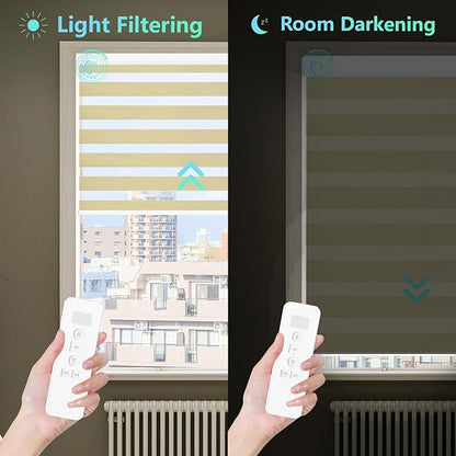MING CHEN Motorized Blinds with Remote,Built-in Rechargeable Smart Blinds, Custom Size Electric Zebra Blinds Compatible with Alexa Google (90% Blackout Fine Lines Champagne)