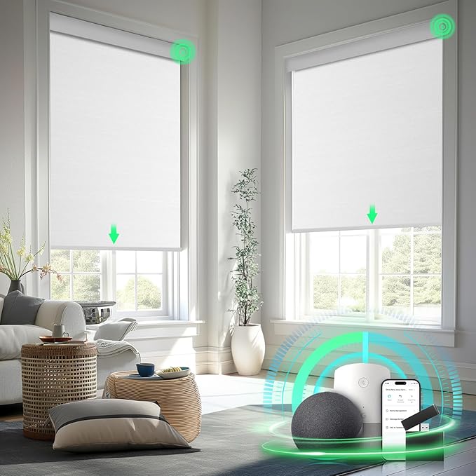 Smart Motorized Blinds with Remote Control, Blackout Roller Shades, Custom Smart Blinds with Valance, Cordless Electric Window Blinds & Automatic Shades(White,35" Wx72 H)