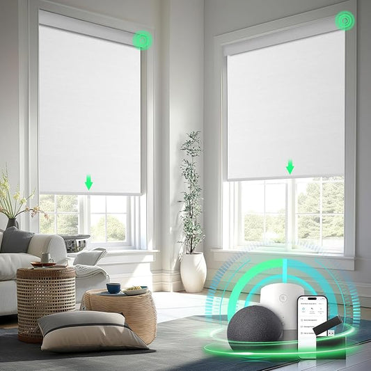 Motorized Blinds with Remote Control，Blackout Roller Shades，Custom Smart Blinds with Valance，Cordless Electric Window Blinds & Automatic Shades(White,32" Wx72 H)