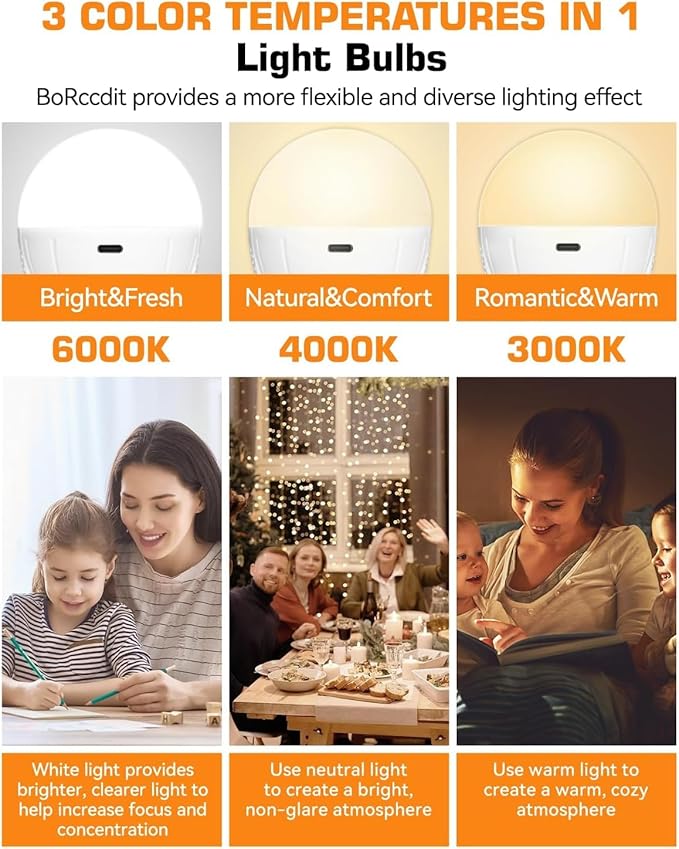 BoRccdit CordlessGlow 15W Rechargeable Light Bulbs with Remote, 3 Color Temperatures and Dimmable Battery Light Bulb, Touch Control + 4 Timing + USB Rechargeable Battery Powered Light Bulb, 1Pack