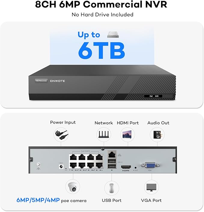 ONWOTE 8 Channel PoE Security Camera System, 2 Way Audio, 8X 5MP IK10 Vandal-Proof IP Cameras, AI Detection, Color Night Vision, Wired CCTV Kit for Home Business, 6MP NVR (No Hard Drive Included)