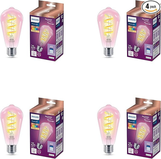 Philips Smart Color ST19 Color Filament LED Smart Bulb 4-Pack -300 Lumen - E26 Indoor - Connects to Your Existing Wi-Fi - Control with Voice or App + Activate with Motion - Matter Compatible