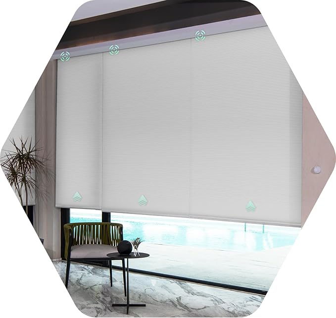 Yoolax Motorized Cellular Shades Compatible with Alexa, Light Filtering Motorized Blinds with Remote Smart Honeycomb Shades for Indoor Windows, Automatic Blinds Custom Size (Light Gray)