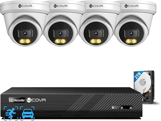 4COVR 12MP Security Camera System, 2-Way Audio, Person Vehicle Detection & Smart Dual Light Color Night Vision, 4X 12MP Dome PoE IP Camera IP67 Business, 8CH Ultra HD NVR with 2TB HDD, LY97KAAM0804