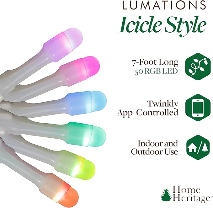 Home Heritage 2-Pack Lumations 7ft Christmas Holiday Party Lights — 50 RGB LED Icicle Lights — Twinkly Smart App Control