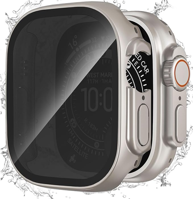 Waterproof Privacy Case Compatible with Apple Watch Ultra 3/2/1 49mm with Anti-peep Screen Protector, iWatch Face Cover Protective Bumper for iWatch Case 49mm Starlight