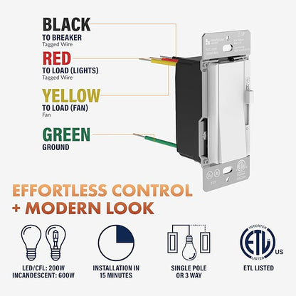 Newhouse Electric Single-Pole Light Switch and 3-Speed Fan Control TLFC-300W, Modern Wall Light and Fan Control Switch for Contemporary Interiors
