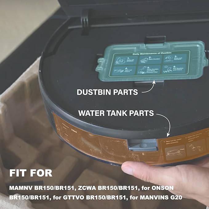 Robot Vacuum Replacement Parts Fit For MAMNV BR150/BR151, for ZCWA BR150/BR151, for ONSON BR150/BR151, for GTTVO BR150/BR151, for MANVINS G20 (7PC-Dustbin& HEPA Filter)