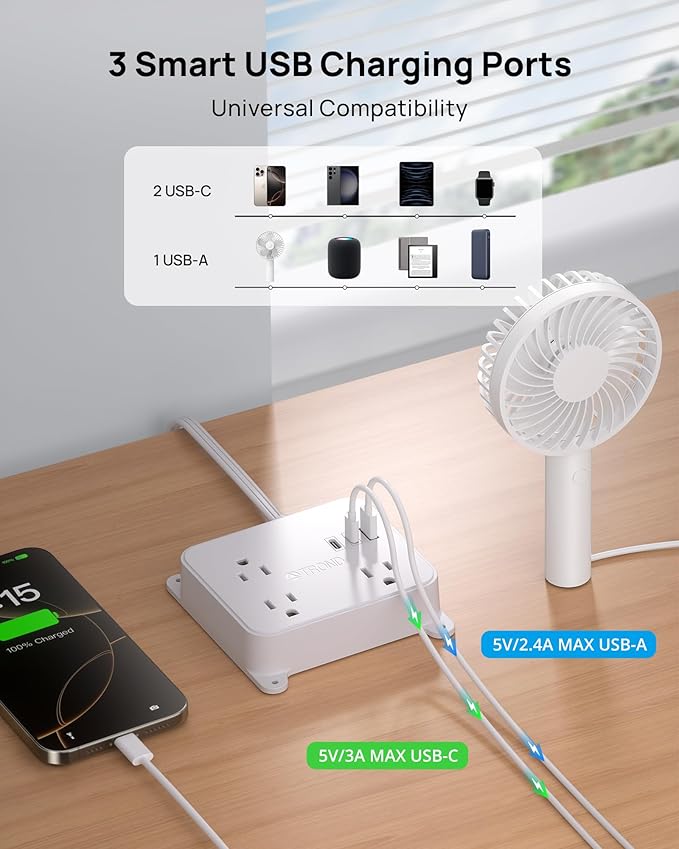 TROND Ultra Flat Plug Power Strip - Extension Cord 10FT with 3 USB Chargers, Power Strip with Long Cord, 3 Widely Outlets Charging Station, Wall Mount for Home Dorm Room Essentials
