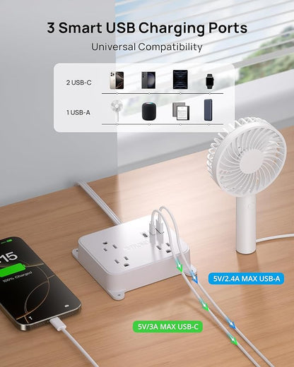 TROND Ultra Flat Plug Power Strip - Extension Cord 10FT with 3 USB Chargers, Power Strip with Long Cord, 3 Widely Outlets Charging Station, Wall Mount for Home Dorm Room Essentials