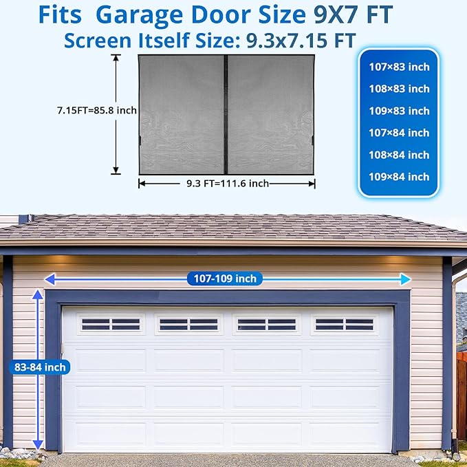 Garage Door Screen for 1 Car 9x7FT, Magnetic Screen Garage with Retractable Fiberglass Mesh and Heavy Duty Weighted Bottom, Easy Assembly & Pass, Hands Free Screen Door w/ 40 Magnets for Garage/Patio