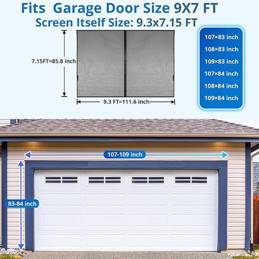 Garage Door Screen for 1 Car 9x7FT, Magnetic Screen Garage with Retractable Fiberglass Mesh and Heavy Duty Weighted Bottom, Easy Assembly & Pass, Hands Free Screen Door w/ 40 Magnets for Garage/Patio