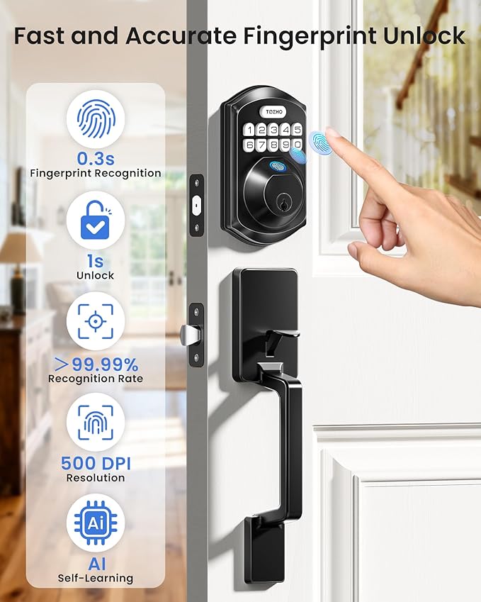 TEEHO TE012W-H WiFi Keypad Door Lock with Handle Set, Fingerprint Smart Locks, Front Door Keyless Entry, APP Remote & Voice Control, Digital Deadbolt with 2 Keys, Auto-Lock, Easy Install, Matte Black