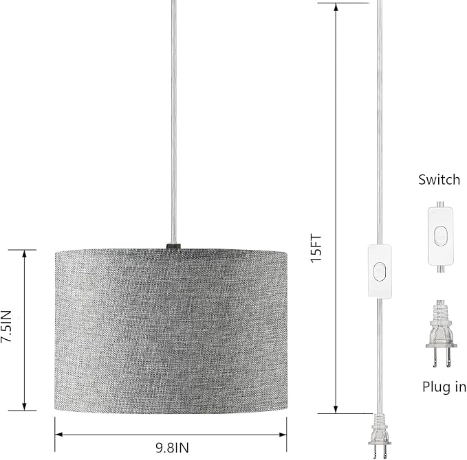 Plug in Hanging Lamp with RGB Smart Bulb Plug-in Cord Pendant Light with 15ft Cord Fixture Pendant Lights for Bedroom Kitchen Living Room Dining Room