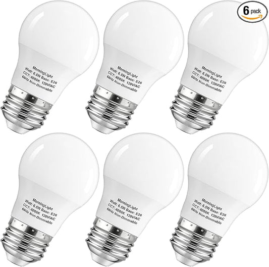 MorningLight 6 Pack A15 LED Bulbs 60 Watt Equivalent, Neutral White 4000K, E26 Base, Non-Dimmable, 6.5W 600 Lumens Bulb, A15 6.5W LED Light Bulbs for Ceiling Fan, Wall sconces, 25000+ Hours Lifespan