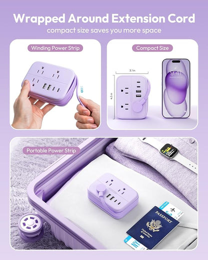 NTONPOWER Purple Travel Power Strip, 6 Outlets 4 USB Ports(2 USB C), 4ft Purple Extension Cord Wrapped Around Small Power Strip, Compact for Travel, Hotel, Cruise Approved