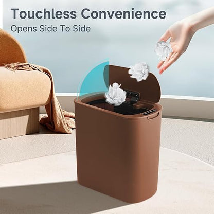 TIPGO Automatic Motion Sensor Bathroom Trash Can with Lid, 2.6 Gallon Touchless Trash Bin, Smart Garbage Can Plastic Slim Wastebasket for Bedroom, Office, Dorm (Brown)