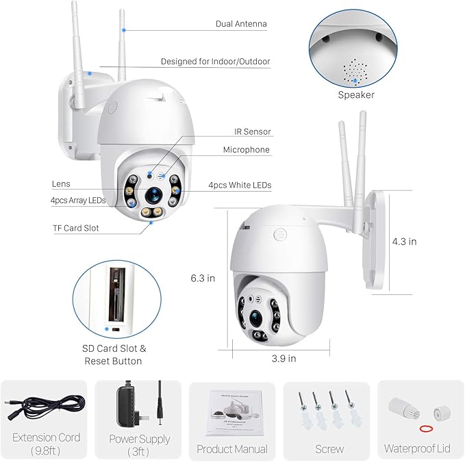 Pan Tilt Outdoor Security Camera, 1080P Home WiFi IP Camera, Pan Tilt Dome Surveillance Cam, Two Way Audio Motion Detection Clear Night Vision Onvif Waterproof CCTV Camera Support Max 128G SD