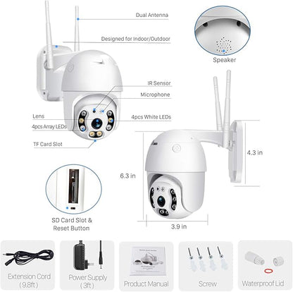 Pan Tilt Outdoor Security Camera, 1080P Home WiFi IP Camera, Pan Tilt Dome Surveillance Cam, Two Way Audio Motion Detection Clear Night Vision Onvif Waterproof CCTV Camera Support Max 128G SD