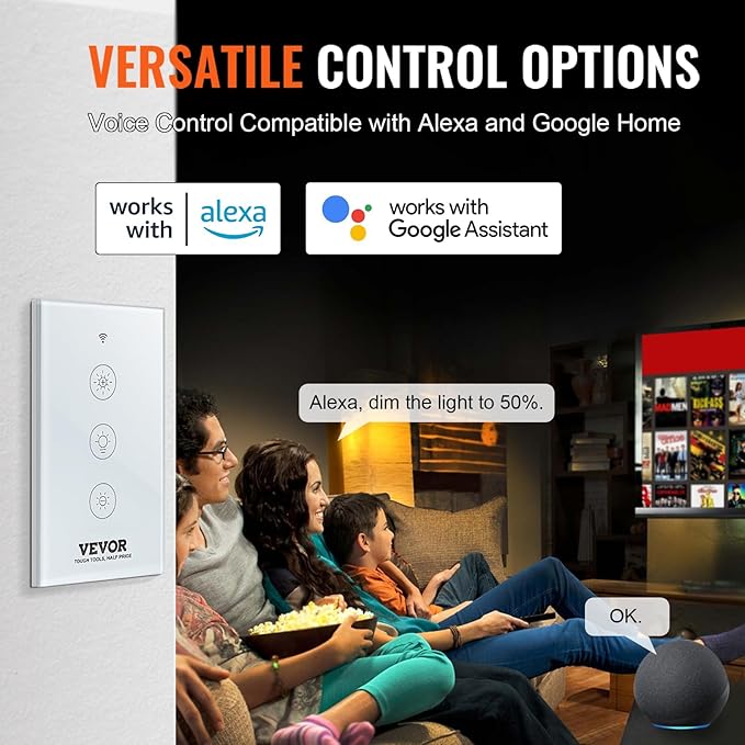 VEVOR Smart Dimmer Switch, Wi-Fi 2.4GHz, Dimmable Smart Switch with Tempered Glass Touch Panel, 15% to 85% Stepless Dimming, Voice App Remote Control, Works with Alexa Google Home, for LED Lights