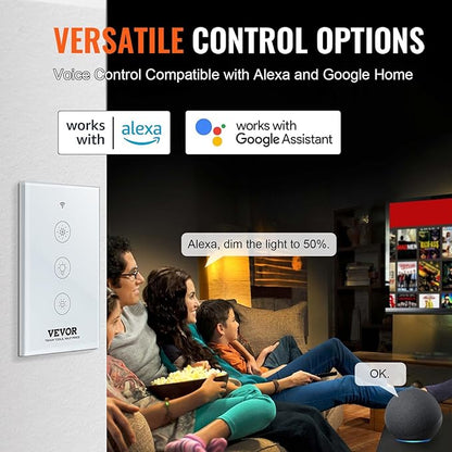 VEVOR Smart Dimmer Switch, Wi-Fi 2.4GHz, Dimmable Smart Switch with Tempered Glass Touch Panel, 15% to 85% Stepless Dimming, Voice App Remote Control, Works with Alexa Google Home, for LED Lights