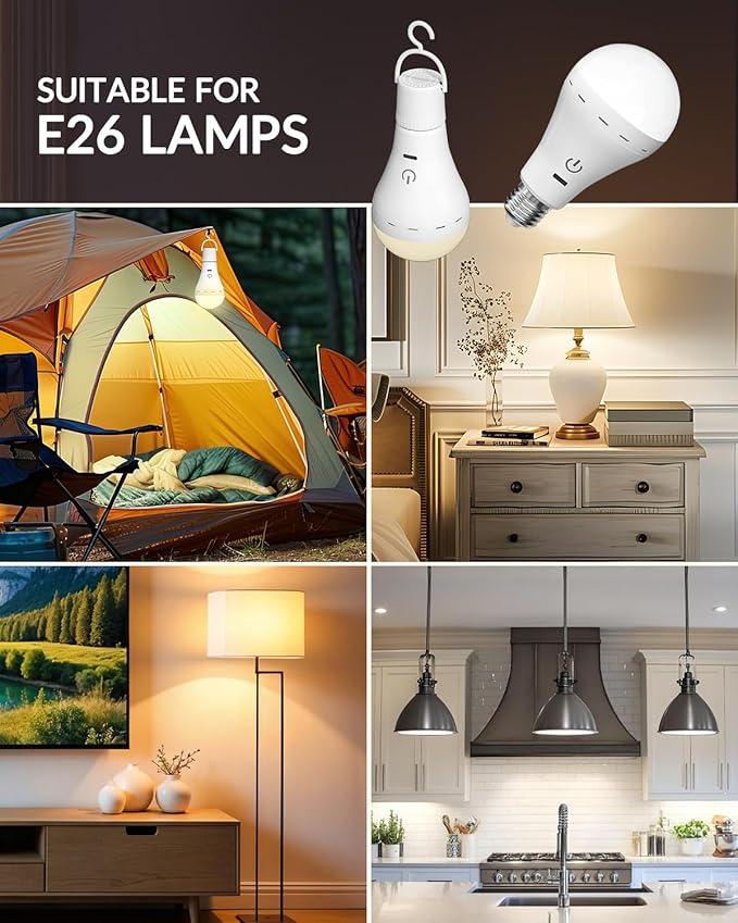 E26 Rechargeable Led Light Bulbs with Remote, 3 Colors Dimmable E26 Battery Operated Light Bulb with Timer, Emergency Rechargeable Light Bulbs, Up to 35 Hours (4 Packs)