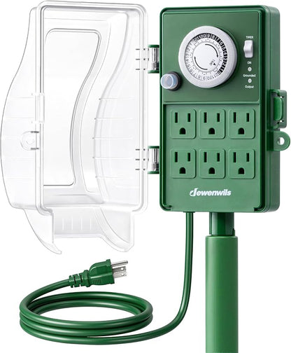 DEWENWILS Outdoor Power Stake Timer, 24-Hour Mechanical Timer, 6 Outlets | 1800W/15A Heavy Duty, 6ft Cord, Waterproof Cover, Overload Protection, Works for Yard, Garden, Patio Lights, ETL Listed