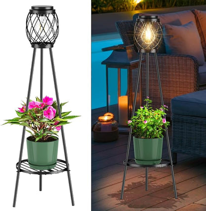 MXwcy Solar Floor Lamp with Plant Stands，Solar Lights Outdoor with Vintage LED Edison Bulbs, Weatherproof Garden Lights for Pathway, Patio, Yard, 8-10 Hours Lighting, IP55 Waterproof