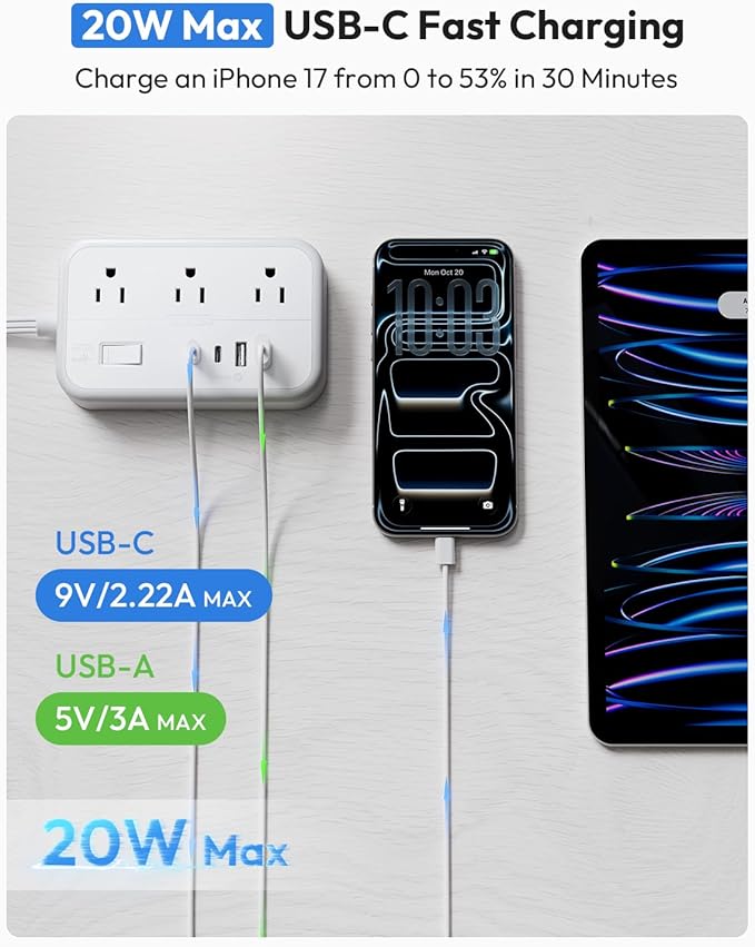 Flat Extension Cord 15 ft, NTONPOWER Surge Protector Power Strip with 6 Widely Outlets 4 USB Ports(2 USB C), Flat Plug, Wall Mounted, Side Outlet Extender for Indoor, Home Office, Dorm Room Essentials