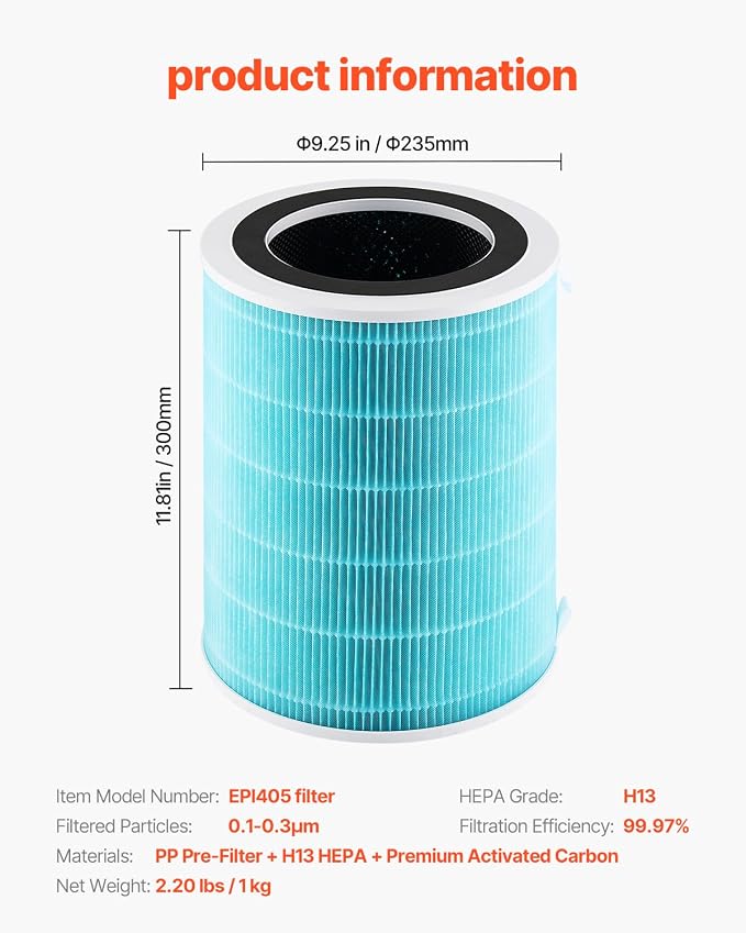 VEVOR Air Purifier Replacement Filter, H13, 3-in-1 Compact & Lightweight Replacement Filter with Durable PP Pre-Filter, Easy-to-Grab Purifier Filter with Activated Carbon, Fit for Cylindrical Purifier