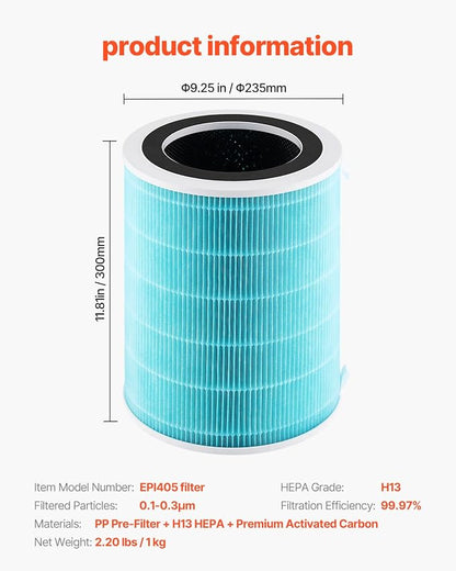 VEVOR Air Purifier Replacement Filter, H13, 3-in-1 Compact & Lightweight Replacement Filter with Durable PP Pre-Filter, Easy-to-Grab Purifier Filter with Activated Carbon, Fit for Cylindrical Purifier