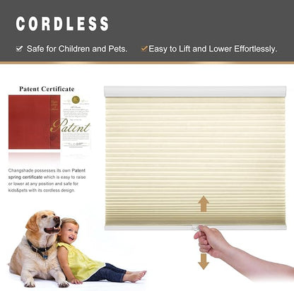 Changshade Custom Size Cellular Window Blinds Cordless, Light Filtering Pleated Honeycomb Shades, 1.5 inch Single Cell Cellular Shades for Bedroom, Bathroom, French Door, Beige, JZCMC-CEL-BG-D