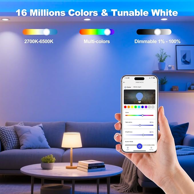 VTimes Smart Light Bulbs, A19 E26 WiFi Bluetooth LED Smart Bulb, Color Changing RGBCW Dimmable Bulb, Works with Alexa & Google Home, 16 Million Colors 2700K-6500K, 9W 800 Lumens 60W Equivalent, 4 Pack