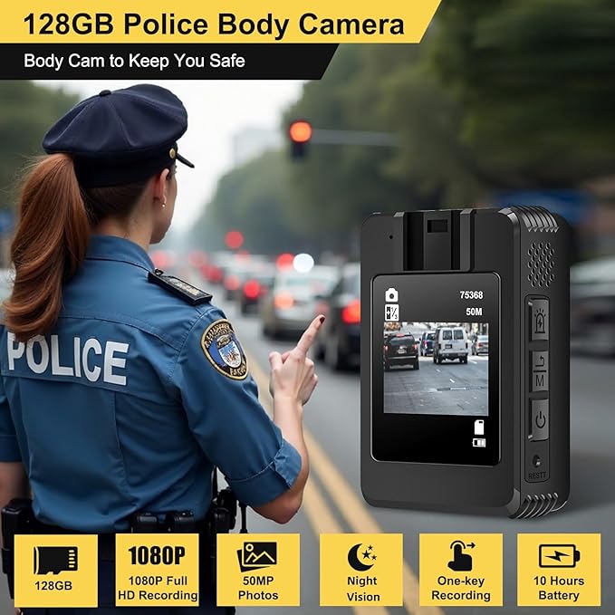 Body Camera with Audio and Video Recording: 1080P FHD Body Cam with Night Vision, 10HR Battery, 2.0" Screen, 128GB Wearable Camera, Bodycam for Traveling, Law Enforcement, Outdoors Activities
