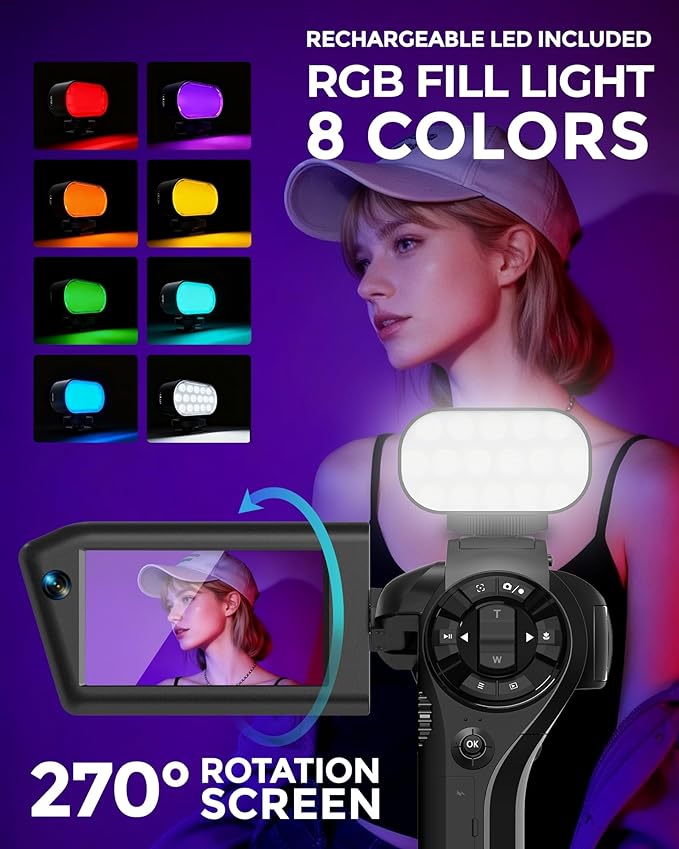 8K Video Camera 75MP Camcorder with WiFi Dual Lens Vlogging Camera for YouTube Rotation Screen Video Recorder with Microphone, Fill Light, Remote Control, mini Tripod, 2 Batteries, Charger