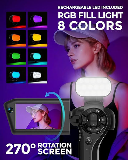 8K Video Camera 75MP Camcorder with WiFi Dual Lens Vlogging Camera for YouTube Rotation Screen Video Recorder with Microphone, Fill Light, Remote Control, mini Tripod, 2 Batteries, Charger