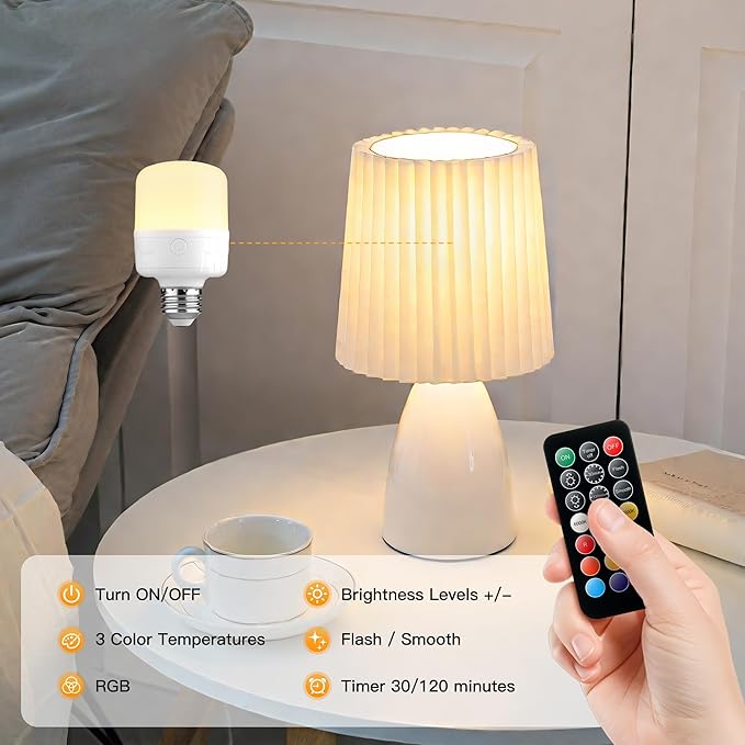 E26 Rechargeable Light Bulbs with Remote, Battery Operated Backup Bulb with Remote and Timer for Sconces Lamps Detachable Wireless Emergency, 3 Color Temperatures + 9 RGB Colors, Non-Hardwired, 2 Pack