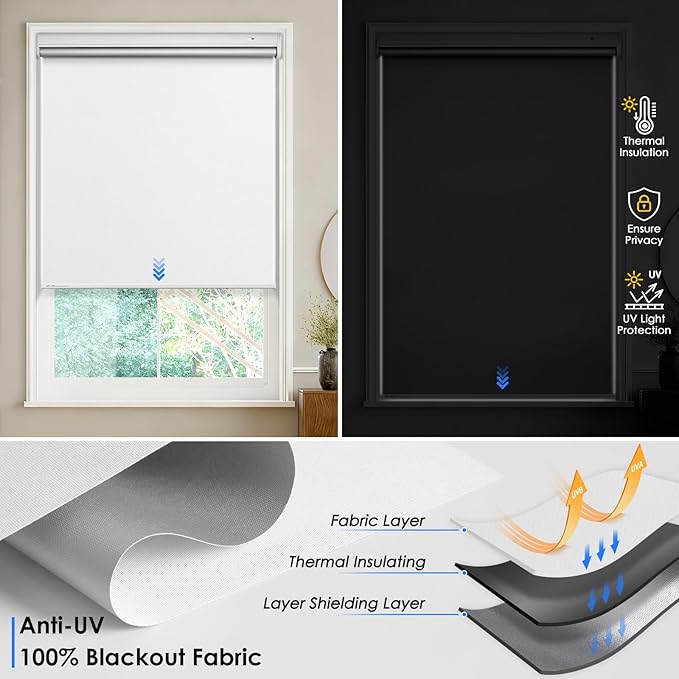Motorized Blackout Smart Roller Blinds with Remote Control & Solar Panel - Automatic Electric Shades for Windows, Compatible with Alexa - White,24" W*72" H