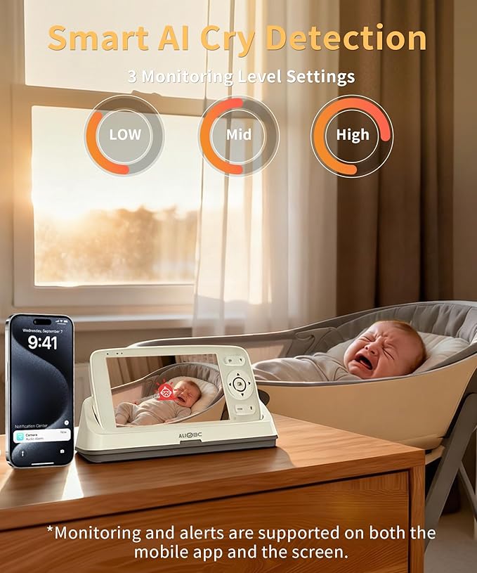 ALIOBC Smart Baby Monitor with Camera and Audio WiFi & No-WiFi Modes AI Cry Detection Night Vision 1080p FHD Camera and 5" Large Screen Two-Way Talk 1000ft Range Smart Alert Easy Setup for New Parents