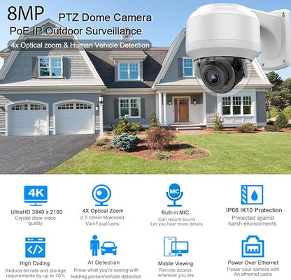 8MP Outdoor PTZ IP Camera Dome with Built-in Mic,4X Optical Zoom 16X Digital Zoom Pan Tilt with 165ft IR Night Vsion,Human/Vehicle Detection,WDR,IP67,IK10,ON-VIF,Compatible with Blue Iris