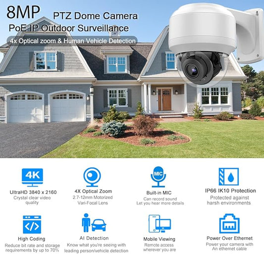 8MP Outdoor PTZ IP Camera Dome with Built-in Mic,4X Optical Zoom 16X Digital Zoom Pan Tilt with 165ft IR Night Vsion,Human/Vehicle Detection,WDR,IP67,IK10,ON-VIF,Compatible with Blue Iris