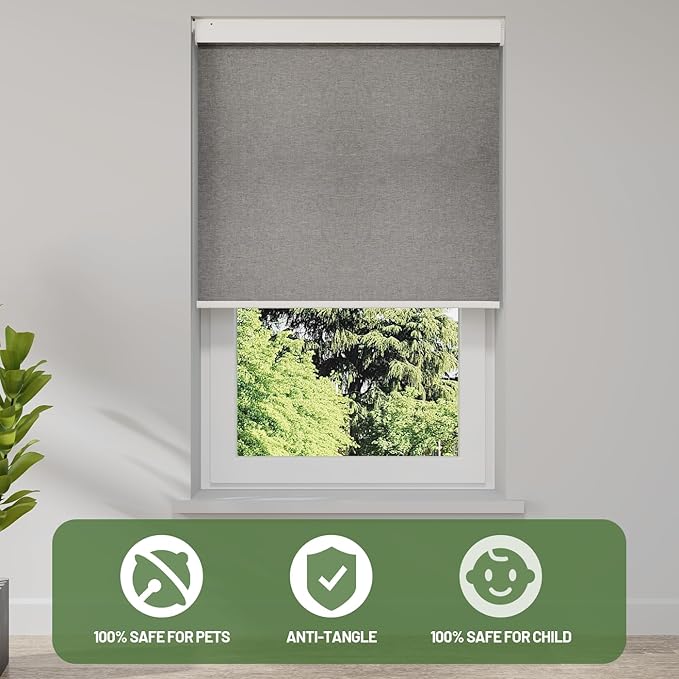 Motorized Blinds with Remote, Blackout No Drill Cordless Smart Roller Shades, Automatic Blinds for Windows, Grey,29" W x 72" H